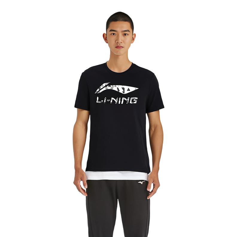 Li Ning Logo Print Solid Color Round Neck Short Sleeve T-Shirt Men Tops Black YHST177-1