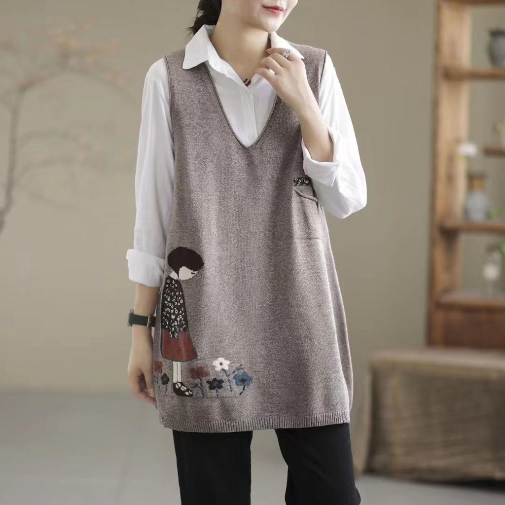 Retro Literature and Art Spring Autumn Winter Women's Pullover V-neck Patchwork Pockets Sweate Fashion Casual Elegant Sleeveless Vest Tops