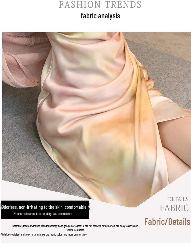 In-Stock French Cowl Neck Satin Print Spaghetti Strap Summer Dress