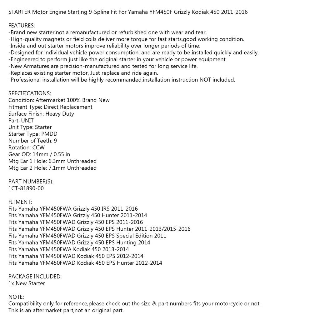 NEW Starter for Yamaha WR 450 WR450 F FW FY FZ FE 2007-2015 5TJ-81890-30