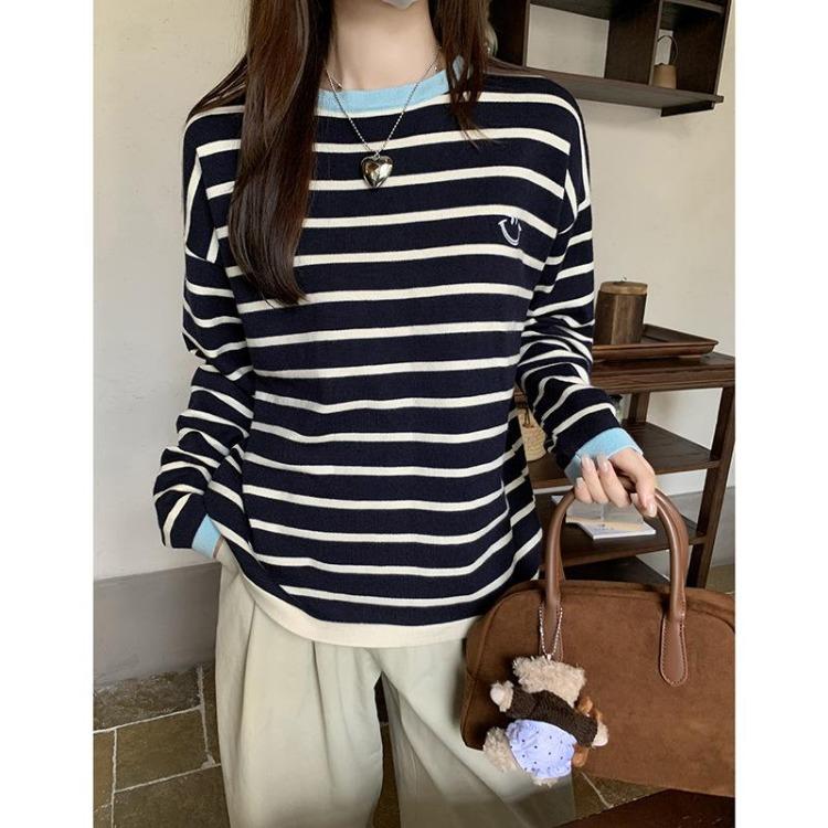 Long Sleeve Sweater for Women New Autumn Contrast Bottoming Top Covering Striped Loose Shirt Belly