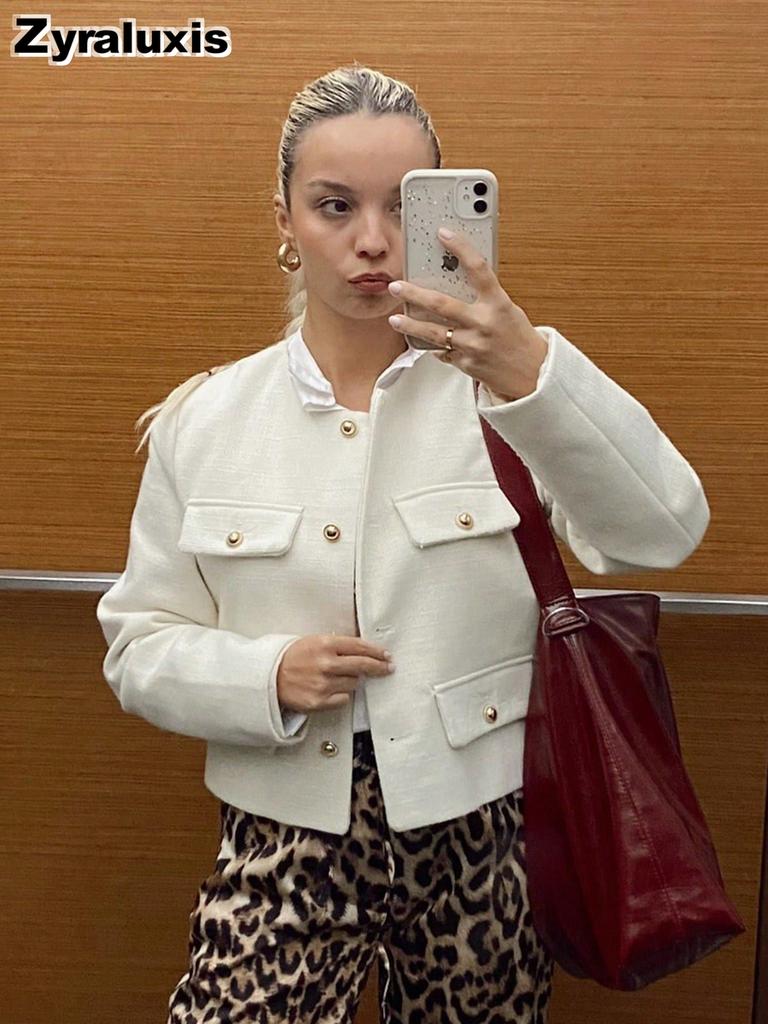 Women's New Fall Winter High-End Crew Neck Small Cardigan Style Short Jacket Fashion Versatile Oversized Check Blazer