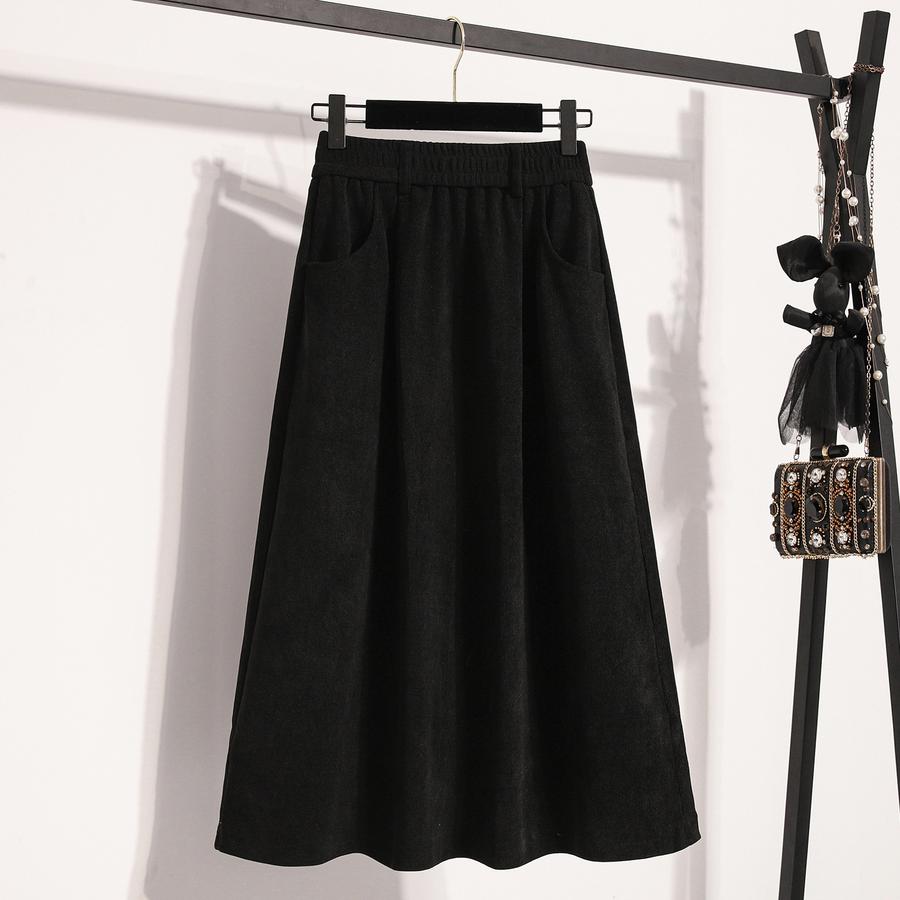 Autumn New Style Corduroy Midi A-Line Skirt for Women, High-Waisted, Slimming, Elastic Waist, Pleated Dress