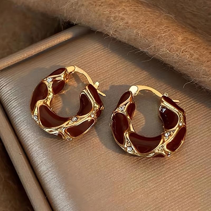 6pcs Tiger Eye Stone Earrings Set. Maillard Tone Geometric Hoops, Vintage Style for Daily and Party Wear.