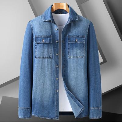 Men's Retro Two Pocket Long Sleeve Snap Shirt Casual Loose Plus Fat Plus Plus Plus Size Fat Denim Shirt, Versatile for Spring and Autumn