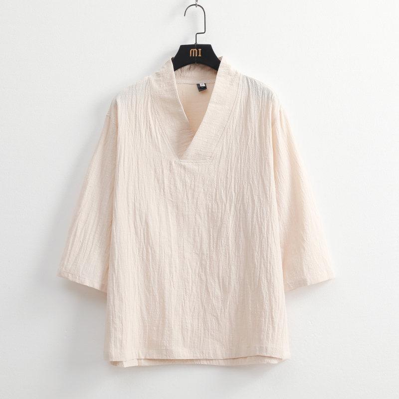 Mens Chinese Style Loose Cotton Linen Two Piece Set V Neck T Shirt Long Pants