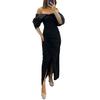 Vestido de noche para mujer, hombros descubiertos, corte bajo, cintura ajustada, dobladillo dividido, manga de malla, color a juego, longitud del tobillo, fiesta de graduación, cóctel, vestido largo de boda