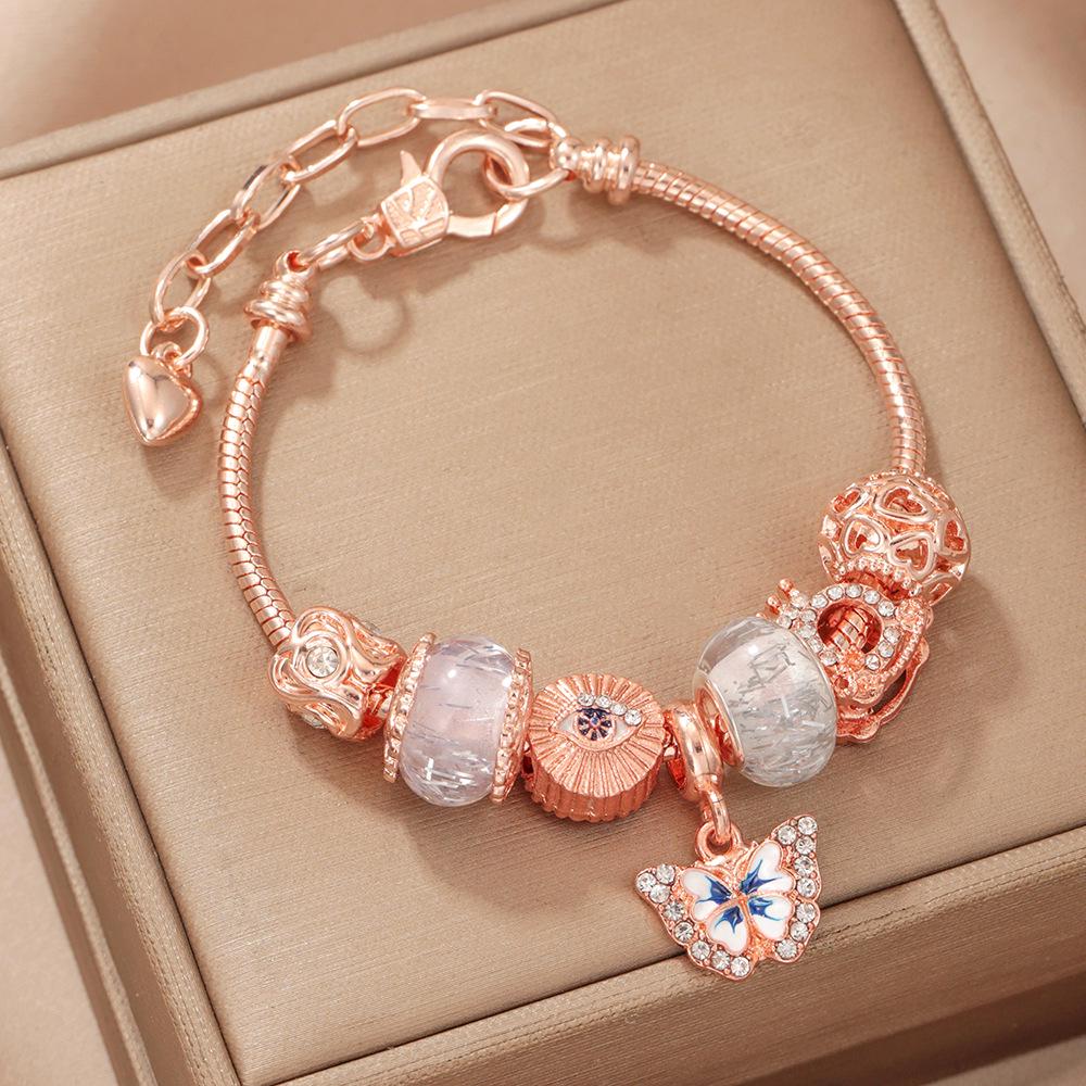 Sweet Pink Heart Butterfly Beaded Bracelet for Women