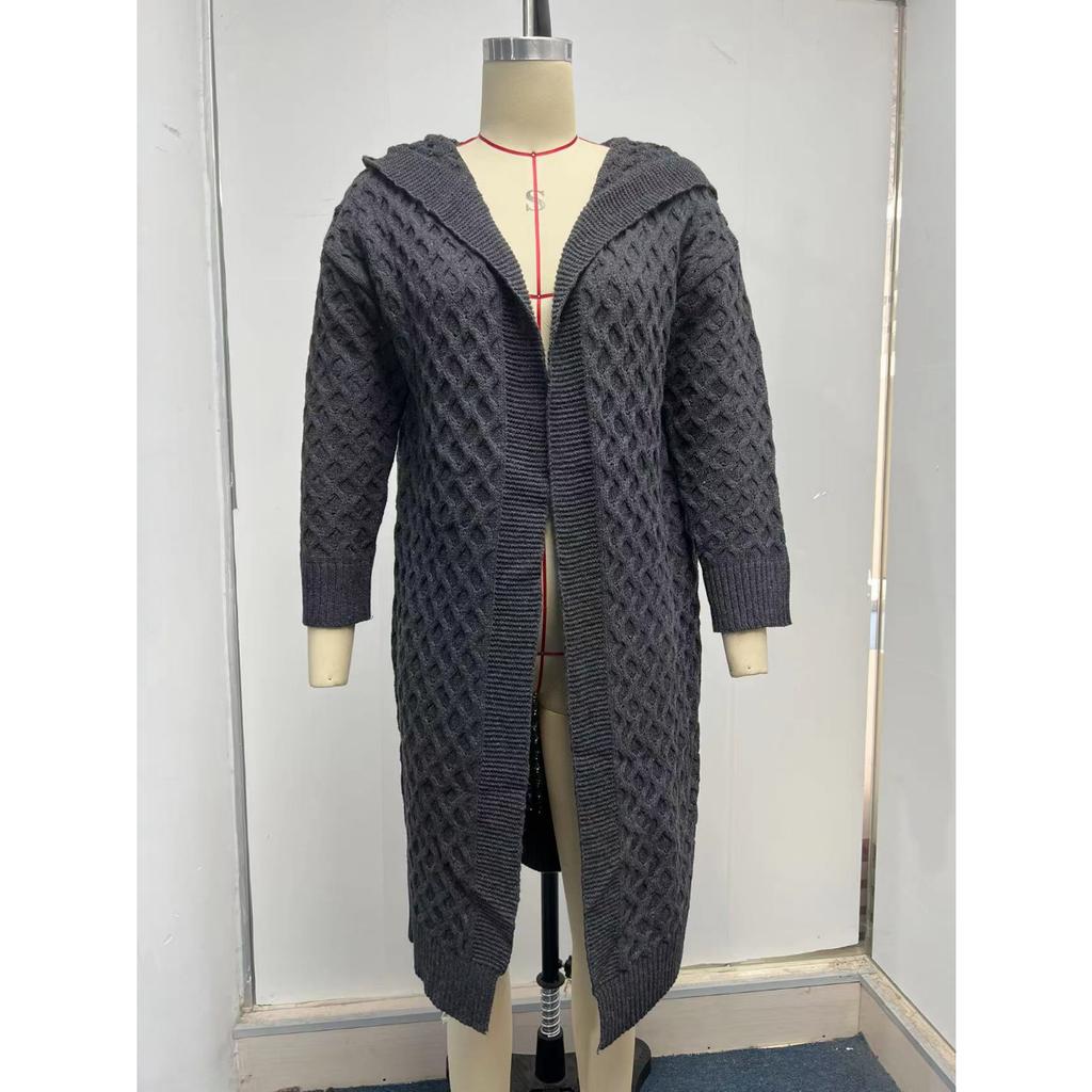 Autumn Winter Women's Long Cable Knit Hoodie, Plush Ribbed Open Front Cardigan with Warm Fleece Lining, Oversized Sweater Coat for Casual Comfort