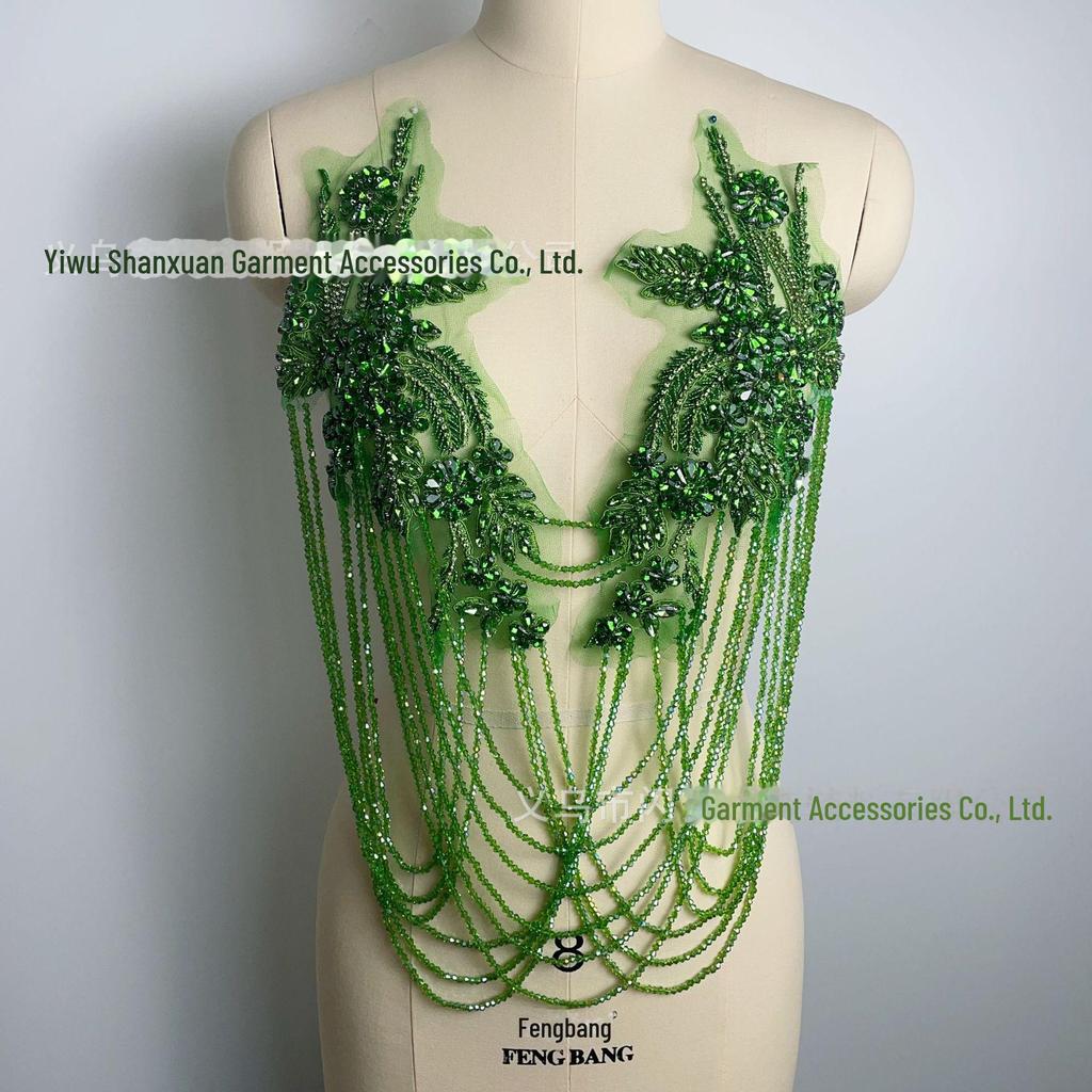 Handmade Beaded Tassel Wedding Dress Shoulder Ornaments with Crystal Diamond Lace Applique