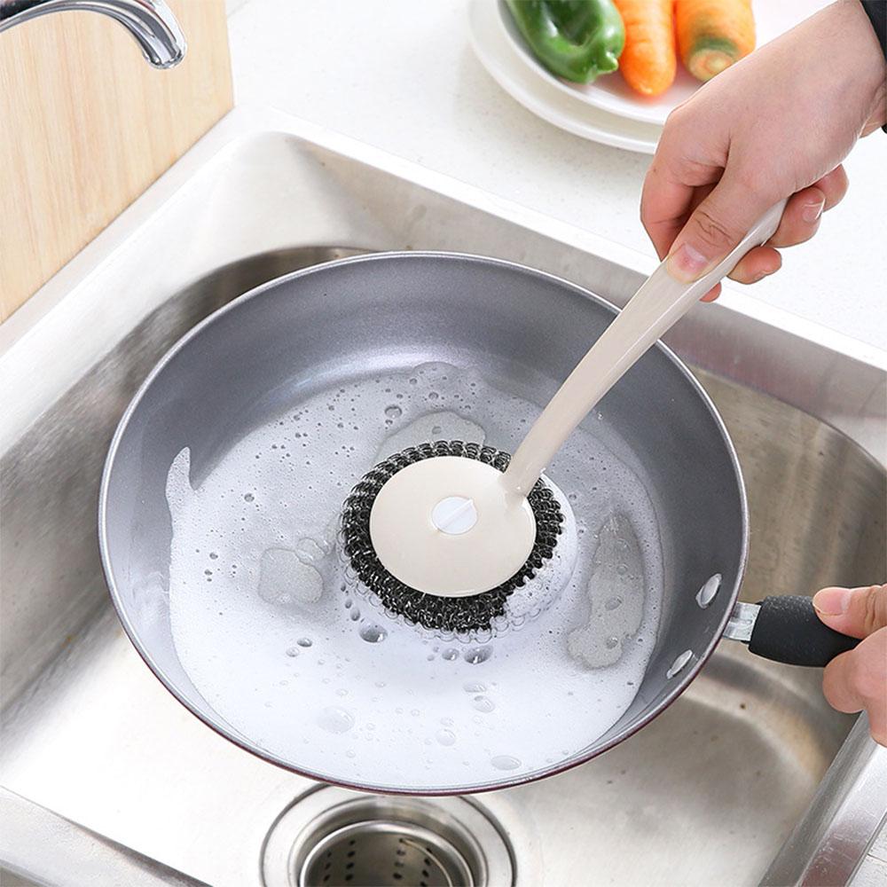 Steel Wire Ball Long Handle Brush Pan Dishes Cleaning Stainless Steel Cleaning Ball Household Wash Ball Wire Handle Brush