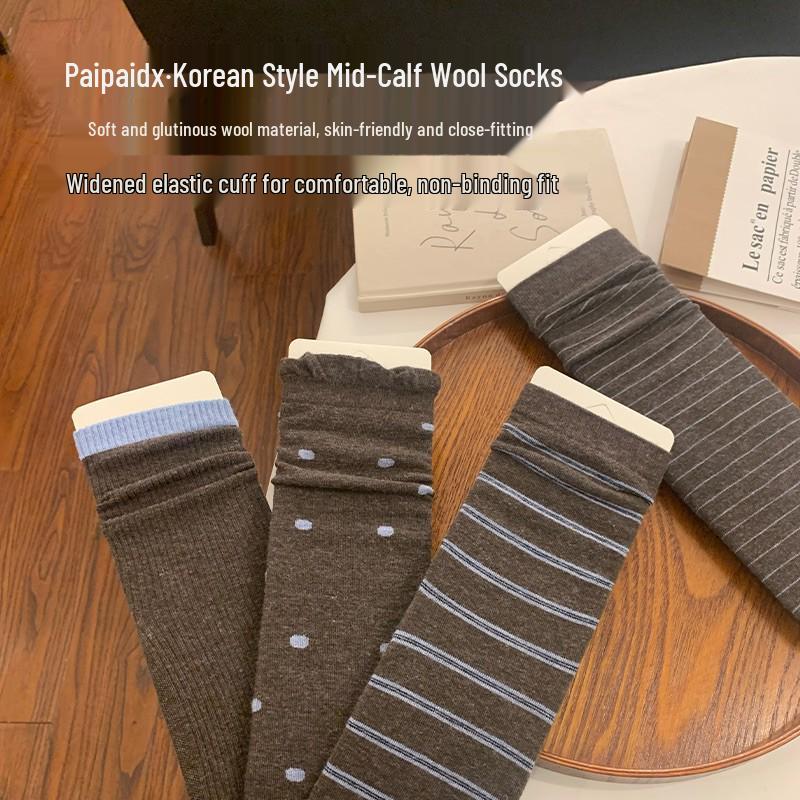 Women's 2025 Winter Wool Socks: Striped & Polka Dot, Plus Velvet, Thickened Mid-Calf Style.