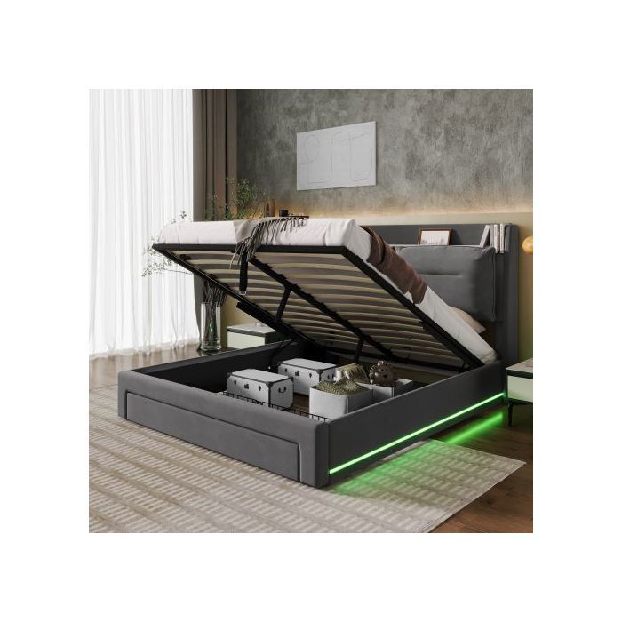 Lit D'appoint - MUVOE - 140x190 Cm - Velours Gris - LED Réglable - Rangement Multifonctionnel