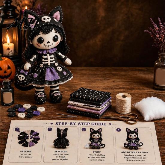 Bastelset für Kinder und Erwachsene Skelett Hexe Patchwork-Set, Gothic Mädchenpuppe DIY Gruselige Halloween-Näherei für Erwachsene Teenager Handgemachtes Geschenk Handarbeits-Starter