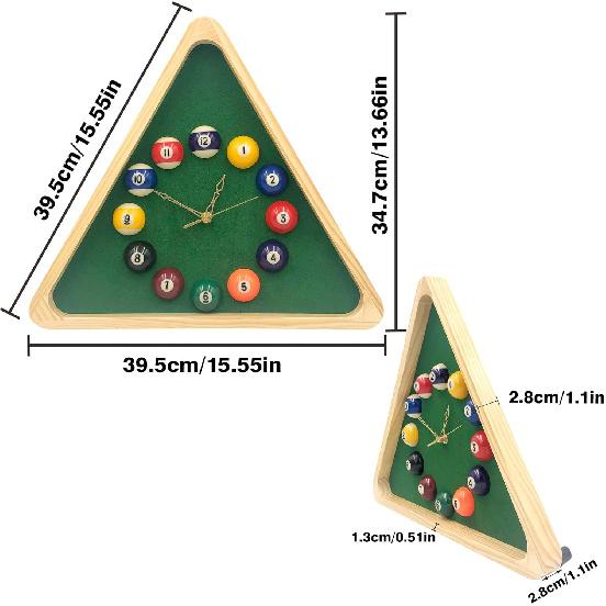 Yuanhe Billiards Pool Ball Clock - 14Inch Triangle Pool Table Cool Wall Clock with Solid Wood Frame,Great for Billiards Room,Pool Room,Game Room,Bar