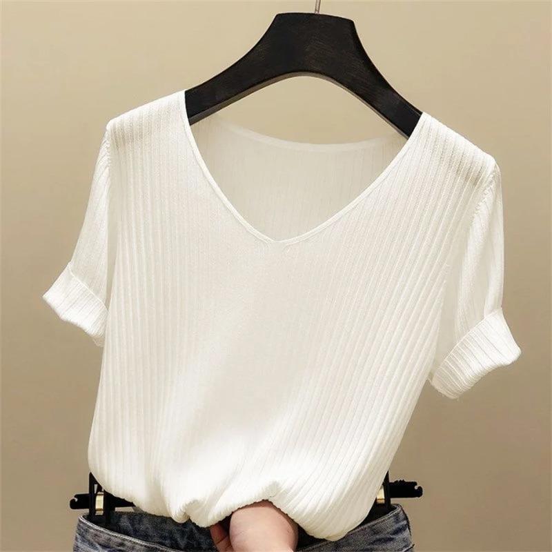 Blouse Women Blusas Mujer De Moda Verano Short Sleeve Blouse V Neck Knitted Blouse Shirt Women Blusas