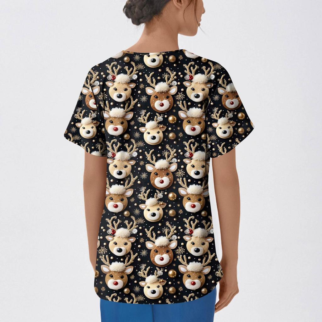 Women's Fashion Printed Short Sleeve V Neck Pattern Tops Pocket Working T-shirts