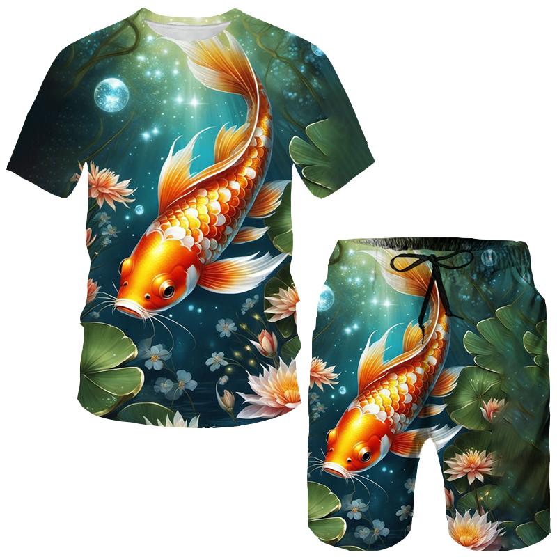 Letnie koszulki z nadrukiem 3D karpi koi, zestawy szortów, męskie dresy, oversize koszulka z krótkim rękawem, zestaw spodni, męskie garnitury, odzież