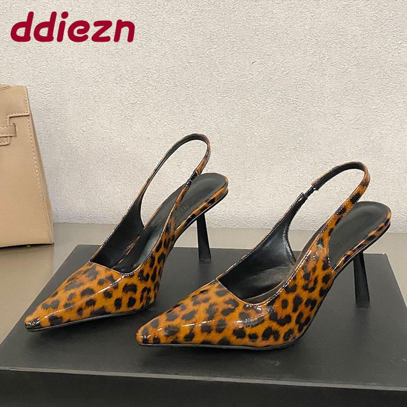 Fashion Fashion Pointed Toe Ladies High Heels Sandals Shoes Female Slip On Footwear Leopard Print Women Heeled Sandals Shoes Pumps