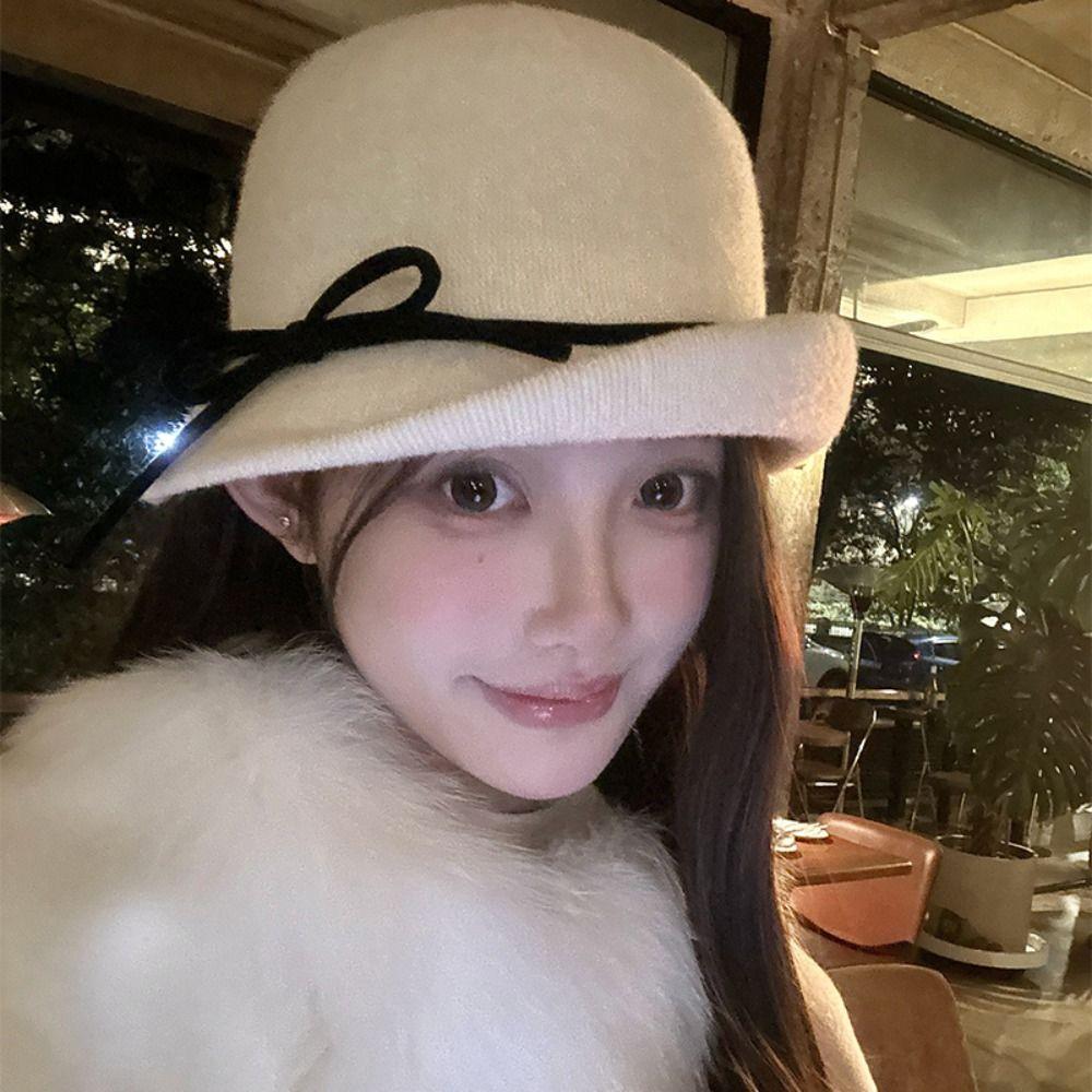 Bowknot Hepburn Style Topper Hat Elegant Women Formal hat Elegant Woolen Bucket Hat  Travel