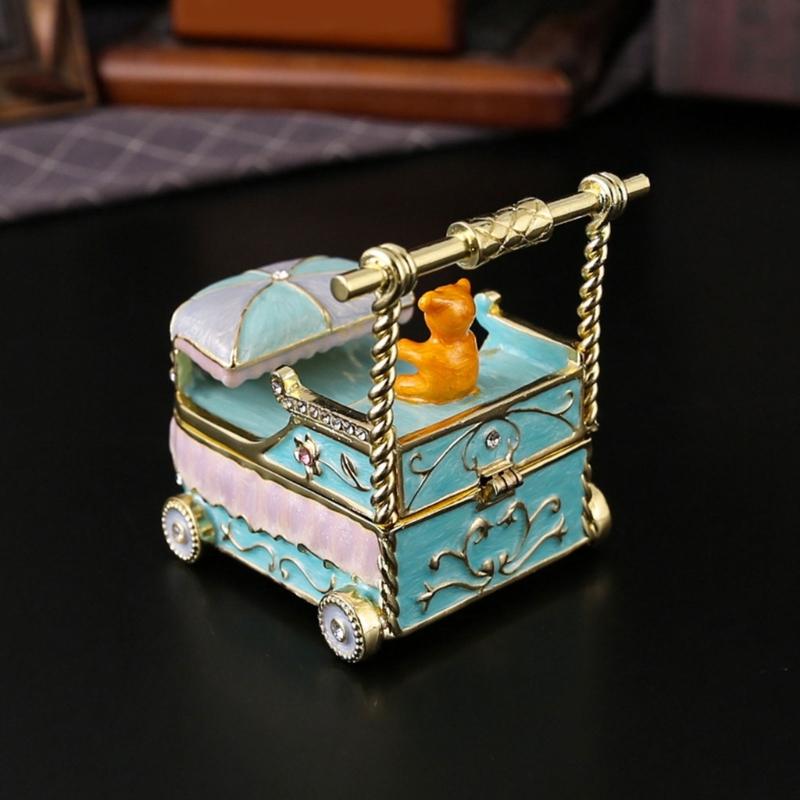 Enamel Jewelry Box Stroller Shape with Bear Ornament, Soft Blue Pink Accessory Box for Rings, Earrings, Bedside Table and Shelf Display