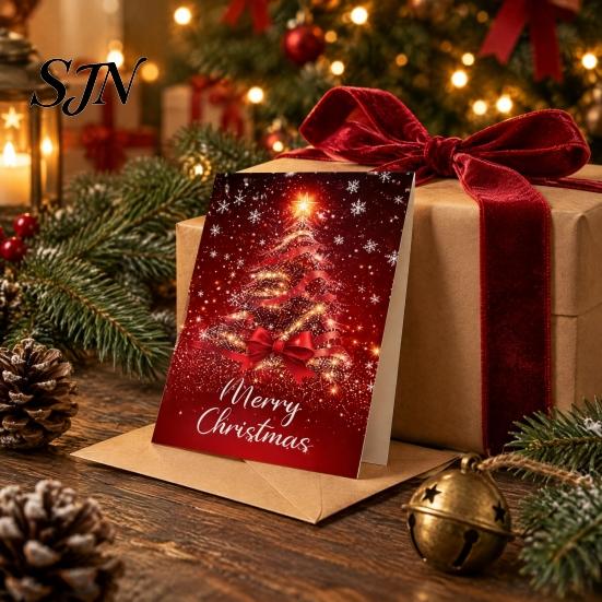 Personalized Holiday Cards for Gifts 6 Pcs Christmas Tree Greeting Cards, Merry Sparkly Festive Gift with Envelopes Winter, Xmas Party Supplies