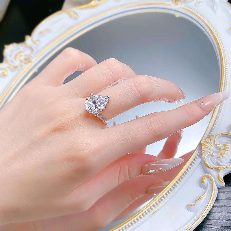 Zhuo Zhi Fan Jewelry S925 Sterling Silver Pear-Shaped 10x14mm White Diamond Ring for Women Fashion, Best Seller.