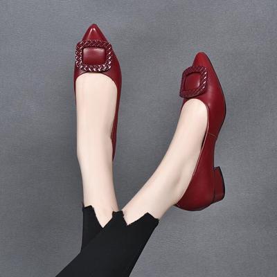 Autumn New Fashion Pointed Square Buckle Temperament Low Heel Single Shoes First Layer Cowhide Flat Work Shoes