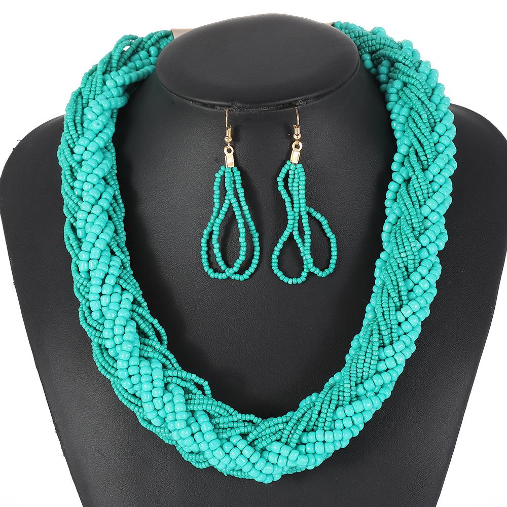 Bohemian Style European Colorful Multi-layer Rice Beads Handmade Woven Necklace Earrings Set