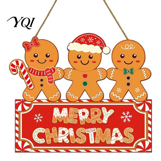 Christmas Gingerbread Man Sign Wooden Hanging for Front Door, Merry Decorative Wood Plaque with Lanyard, Holiday Wall Decoration Home Party