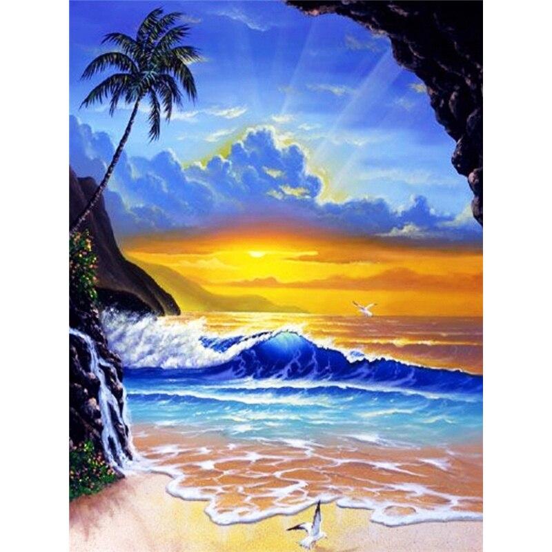 5D DIY Diamond Painting Sunset Seascape Diamond Embroidery Landscape Cross Stitch Full Round Drill Crafts Home Decor Gift