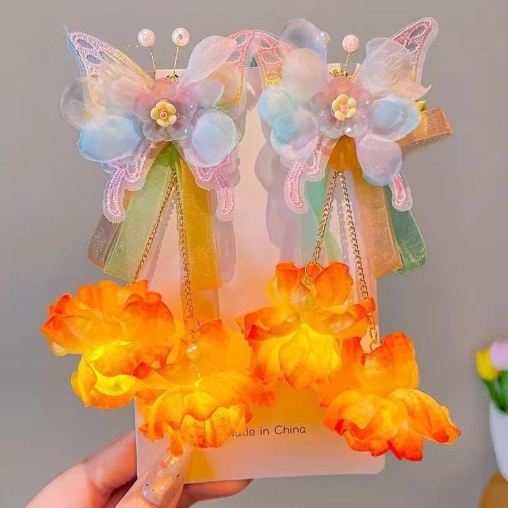 2pcs/set Luminous Flower Faux Flower Hairpin Extra Large Shake Tassels Tassel Hair Clip Silk Butterfly Hairclips Children's Use