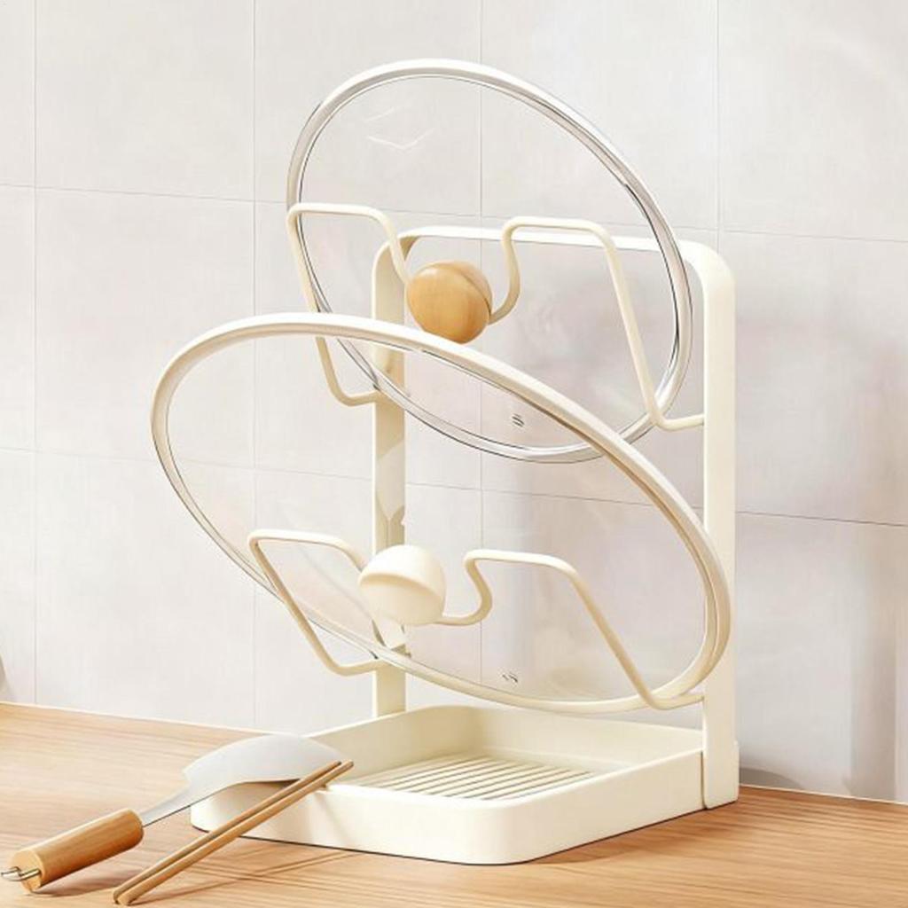 Pot Lid Holder Rack with Drain Tray Space Saving Kitchen Organizer for Pan Lid, Spoon Spatula, Cabinet Countertop Storage