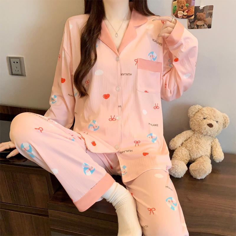 ins style girlish pajamas women's spring and autumn long-sleeved sweet bow full print casual loungewear set