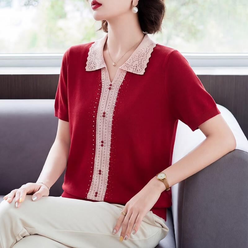 QianLian Women s Summer Lapel Knitted T-Shirt 2XL