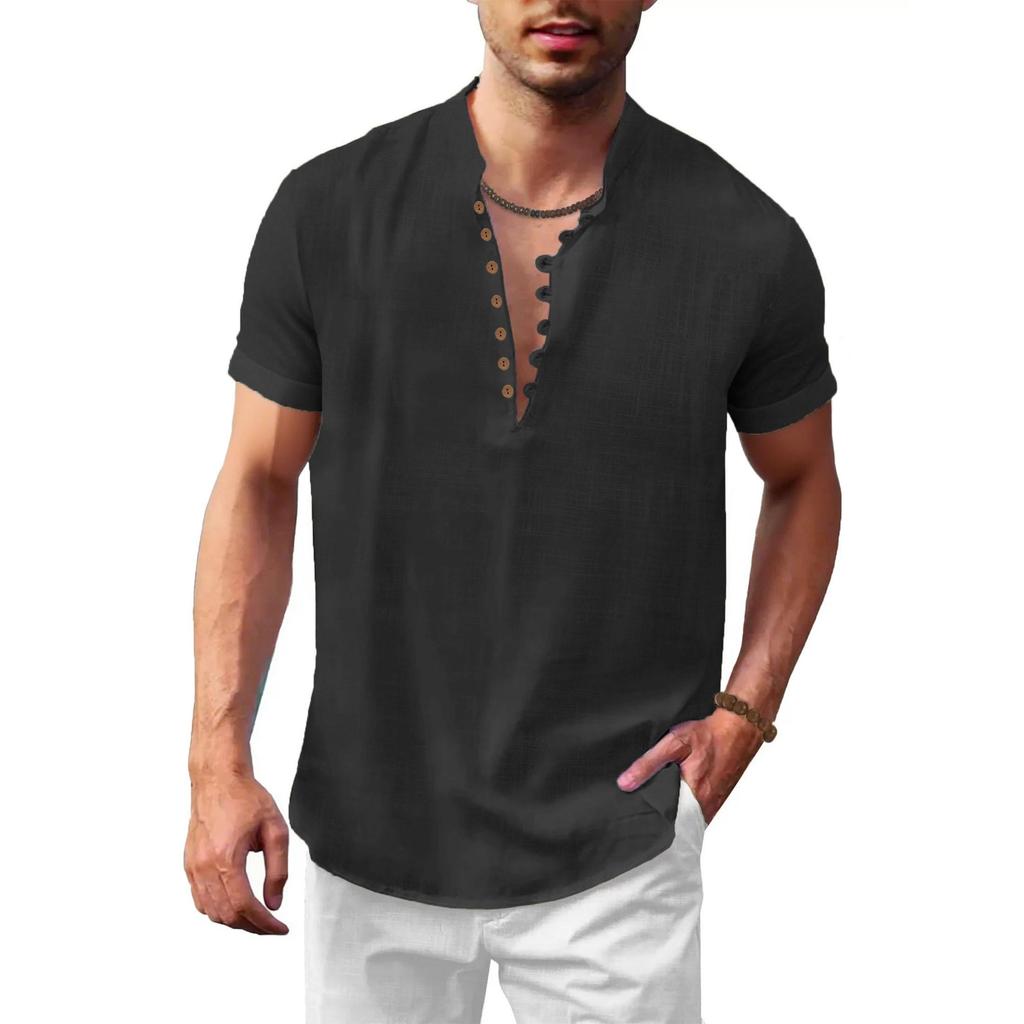 Estate Nuova Maglietta a Maniche Corte in Cotone Lino da Uomo Mezza Bottonatura Collo Henley Tinta Unita Traspirante Leggera Top Maschili