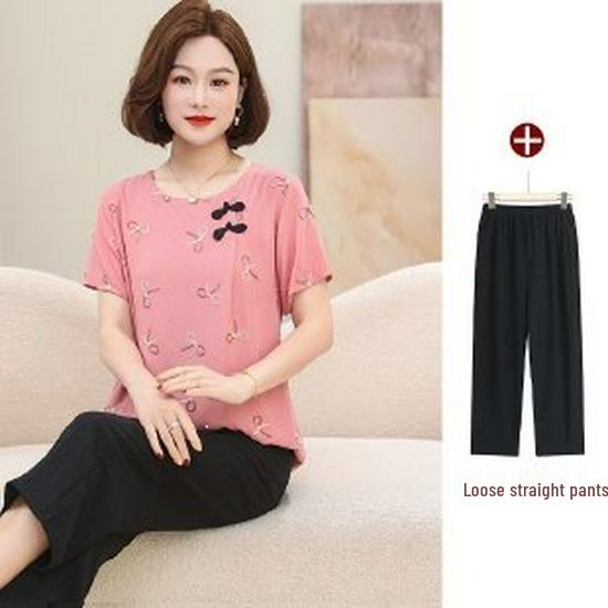 2026 Elegant Mother’s Two-Piece Summer Set: Chic Short-Sleeved Top for Middle-Aged & Elderly Women