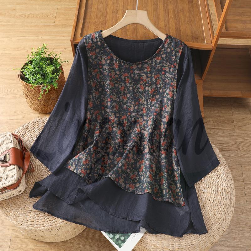 

Ethnic Patchwork Floral Mid-Sleeve Top with Frog Button - New 2026 Women s Casual Loose Fit 2XL