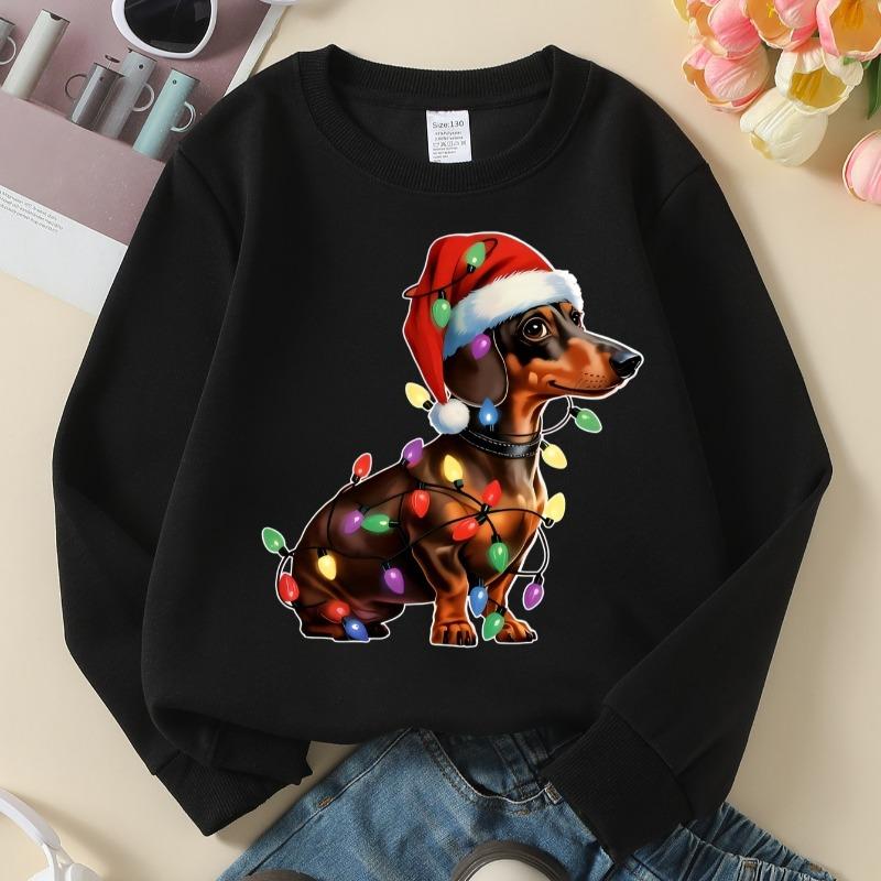 Kids Crewneck Long Sleeve Sweatshirt,achshund Dog with Christmas Lights & Holiday Hat Print