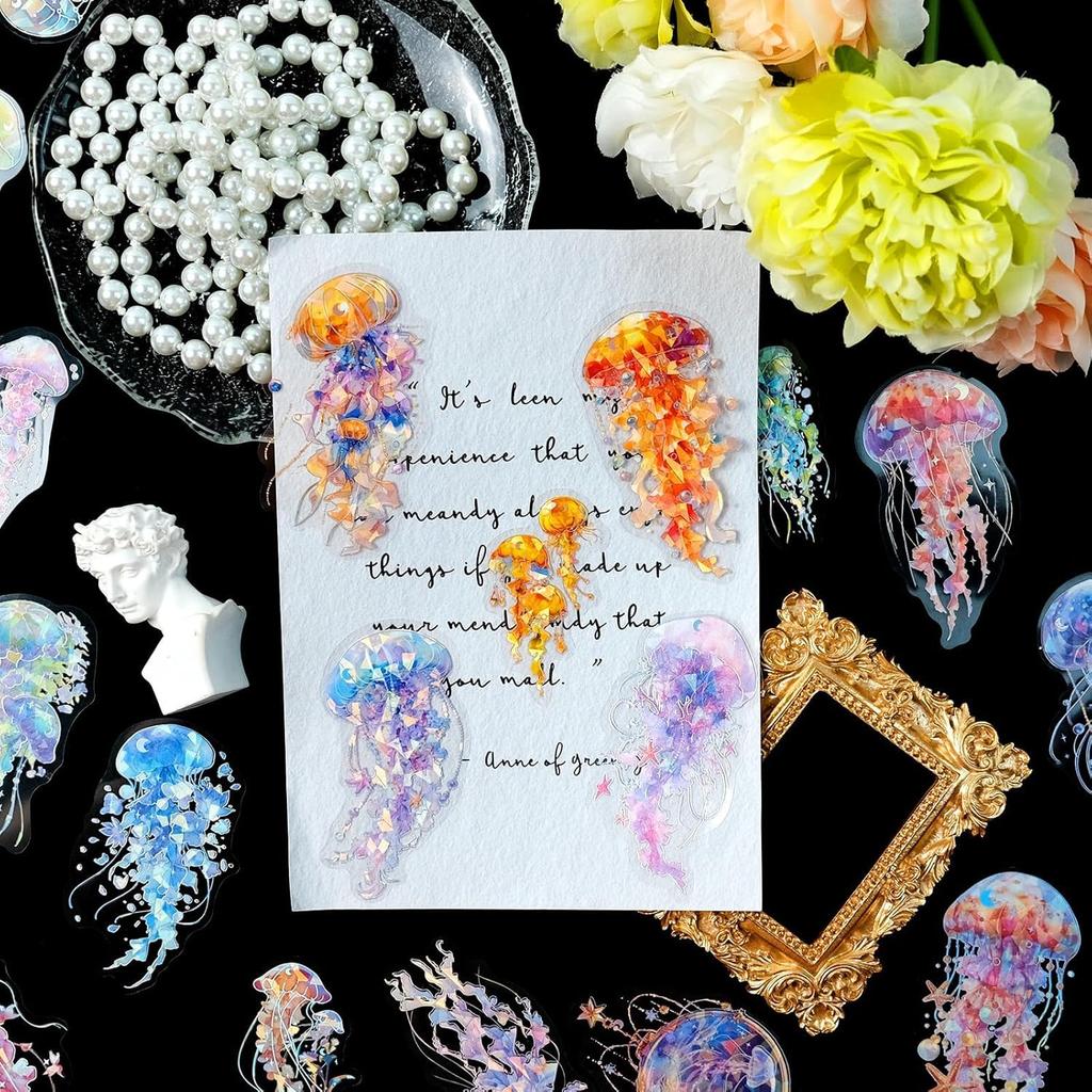 Of Rare Jellyfish Stickers Transparent Holographic Silver Foil Underwater Ocean Scrapbook Suitable for and Laptops 30-Pack - Stickers, Diaries,
