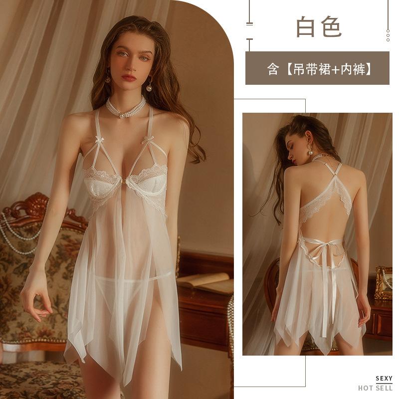 Sexy underwear summer hot perspective mesh backless temptation small breasts show big gathering suspender skirt suit women