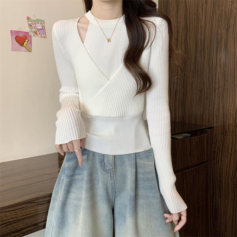 Fake Two Hanging Neck Knitted Bottom Shirt for For Women In Spring and Autumn Slim Look Chic Chic with Sweater Long-sleeved Blouse