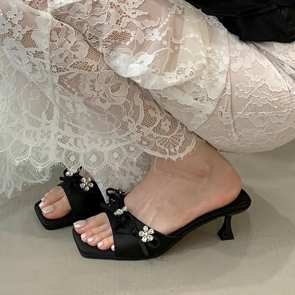 Fairy style with skirt, rhinestone sandals with slippers, square head, thin heel, sandals, women's high heels, soft sole tide