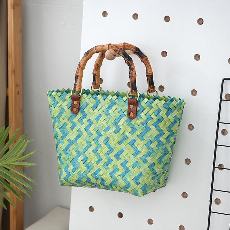Women's Bamboo Handle Woven Beach Tote Bag