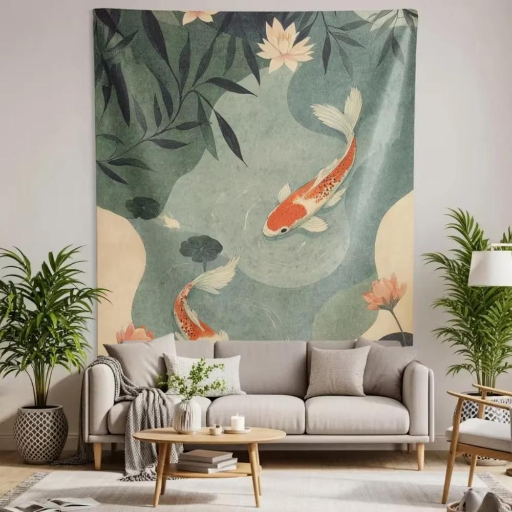 Zen Inspired Koi Fish Lotus Tapestry, Japanese Serene Wall Art For Bedroom Living Room Home Decor Accessories