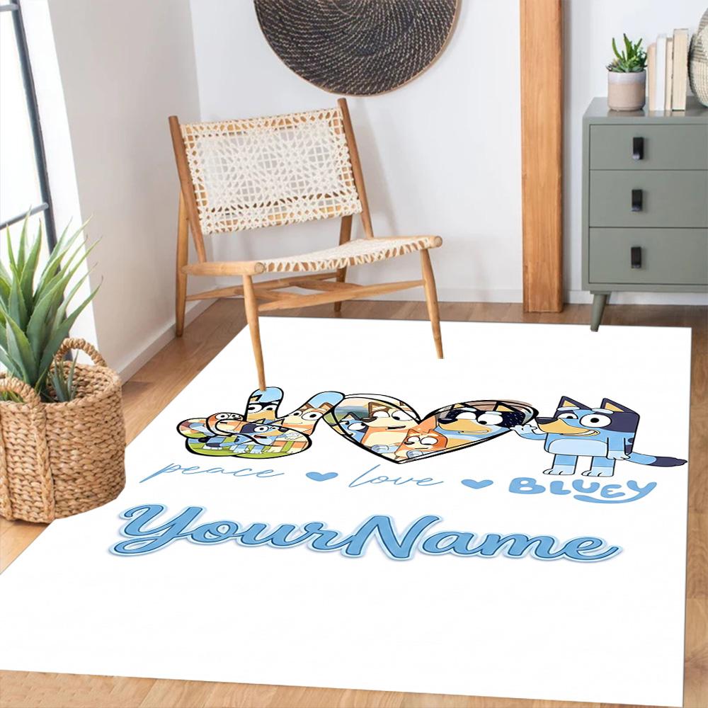 Bluey 103 Customized Name Floor Mat Design for Dormitory Playrooms Bedrooms Outdoor Antislip Carpet Anime Office Decor