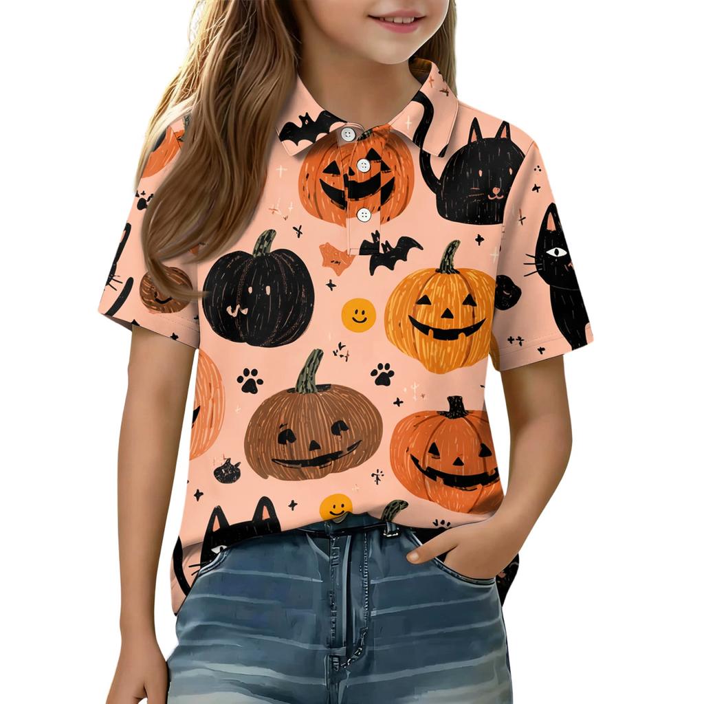 Kids Halloween Print Polo Shirt Short Sleeve Casual Tee Top with Button Collar for Boys Girls Comfortable Fit