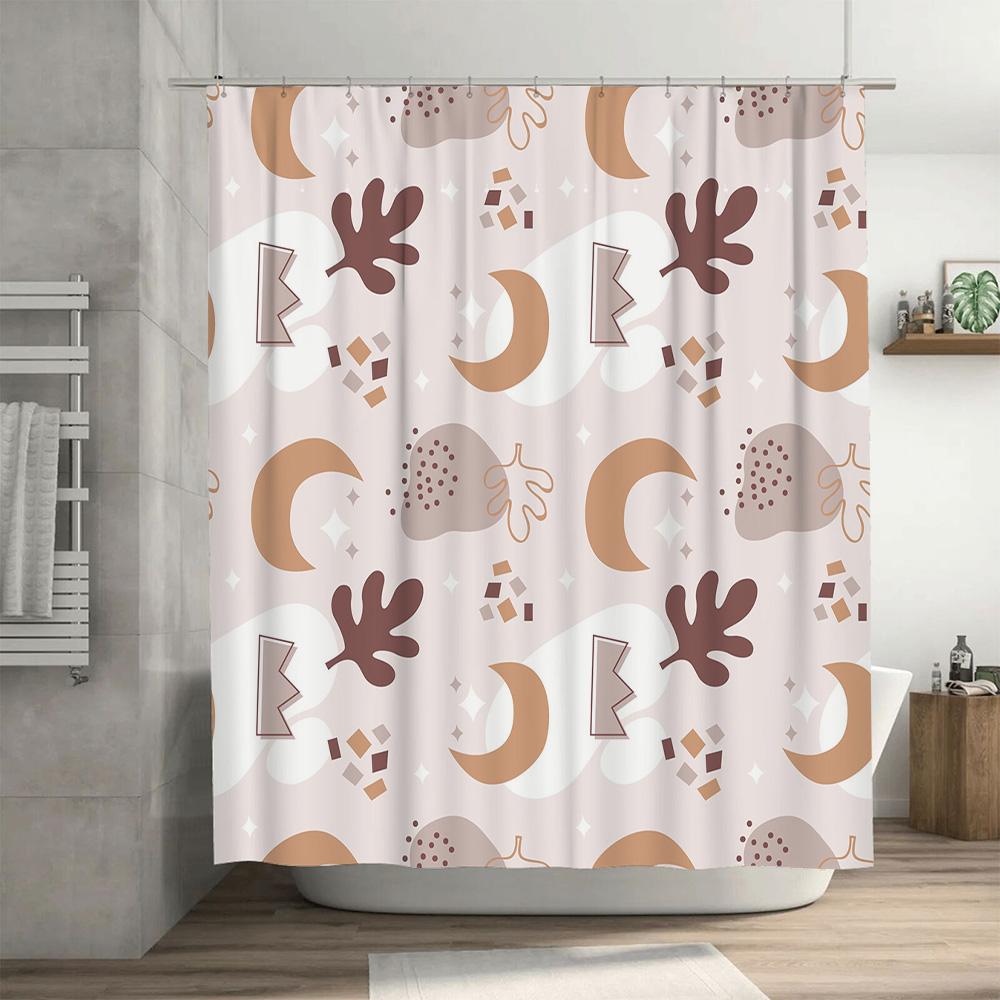Modern Bathroom DecorStylish Abstract Print Shower Curtain in Soft Beige Palette with Moon Stars Design for Home Decoration Wa