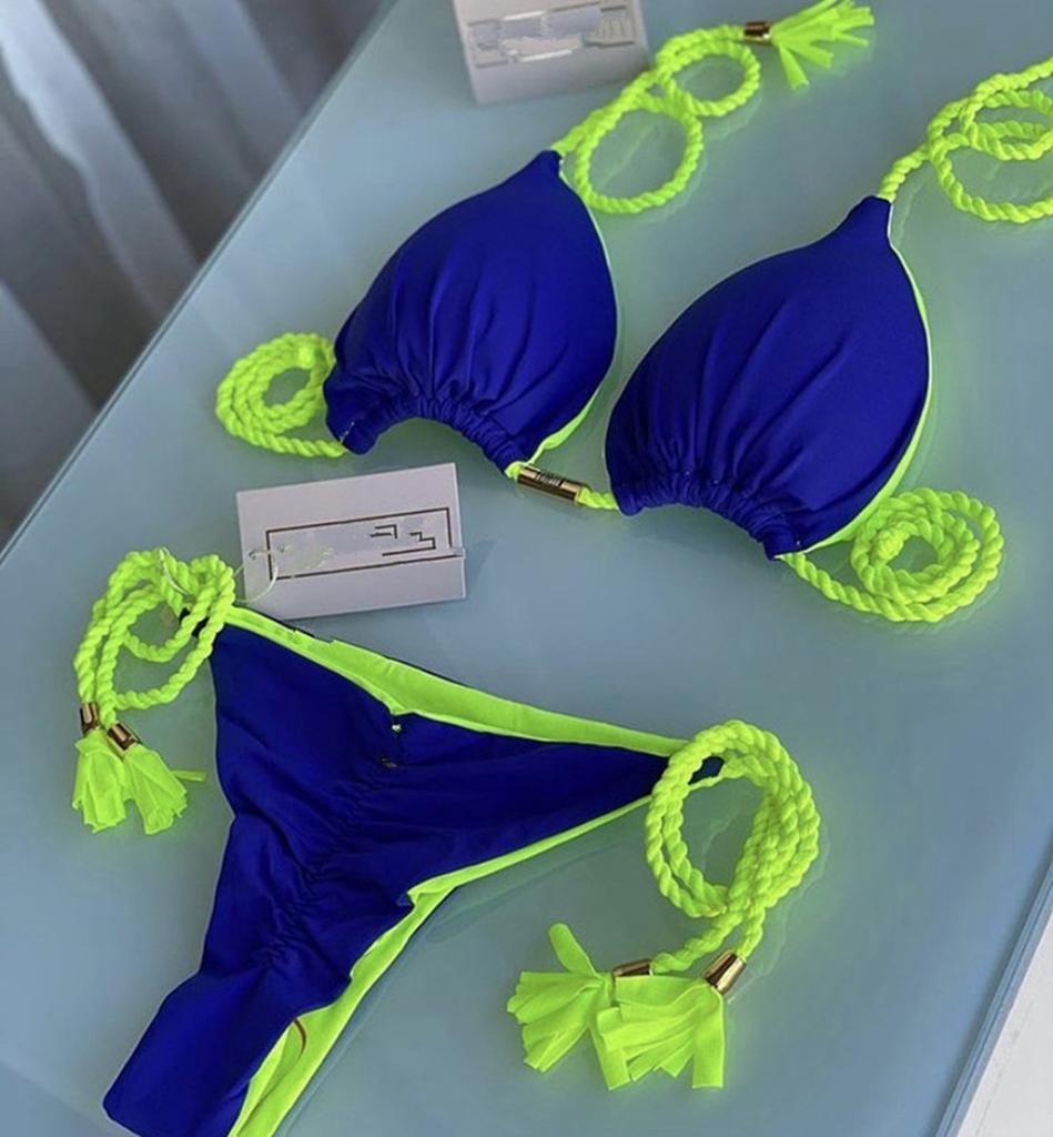 Costum de baie european și american geantă triunghiulară sexy pentru femeie Split Culoare uni Bikini sexy cu frânghie împletită multicoloră