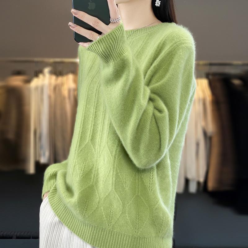 Women's Thickened Wool Jacquard Sweater - Round Neck, Long Sleeve, Cashmere Knit Base Layer for Autumn/Winter